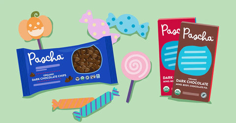 Illustration of Candy and Pascha Chocolate bar and chips scattered across green background.