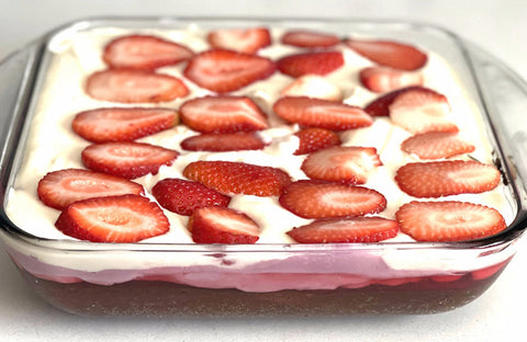 Vegan White Chocolate Strawberry Poke Cake