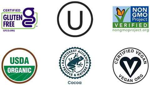 All of Pascha Chocolate's certifications. Gluten Free, Kosher, Non GMO Verified, USDA Organic Certified, Rainforest Alliance Certified, Certified Vegan