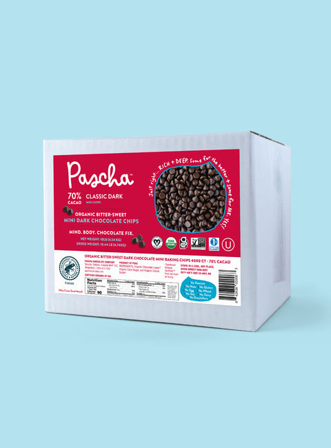 70% Classic Dark Chocolate Chip Bulk Box on blue background