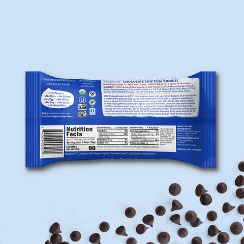 The back of the Pascha Chocolate 55% chocolate chip bag