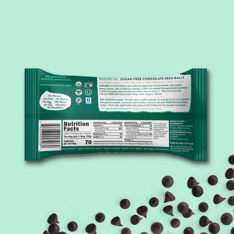 The back of the Pascha Chocolate 70% chocolate chip bag