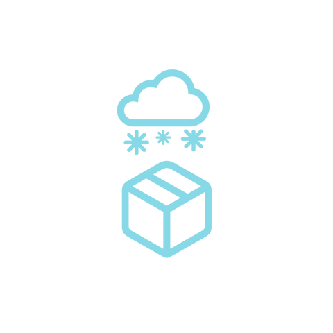 Cold weather shipping icon shows an illustrated teal parcel under an illustrated cloud snowing