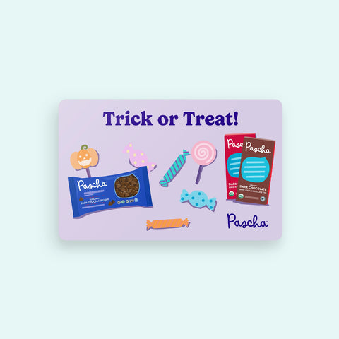 Pascha packaging with candy illustrations and 'Trick or Treat' on a light purple background on a card
