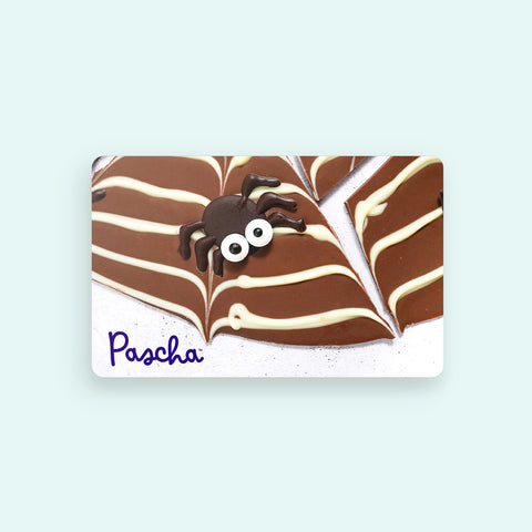 Dark Chocolate spider on a No Milk bark with white chocolate spiderweb lines with 'Pascha' logo on a card