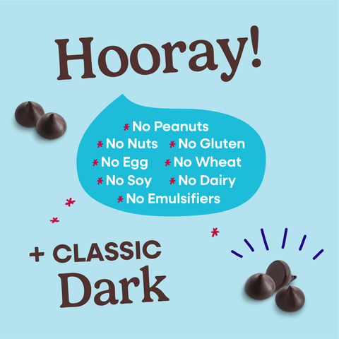 Hooray sheet explaining all of the allergens that Pascha Chocolate is free from. No Peanuts, no nuts, no gluten, no egg, no wheat, no soy, no dairy, no emulsifiers. Plus Classic Dark