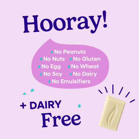 Hooray sheet explaining all of the allergens that Pascha Chocolate is free from. No Peanuts, no nuts, no gluten, no egg, no wheat, no soy, no dairy, no emulsifiers. Plus Dairy free