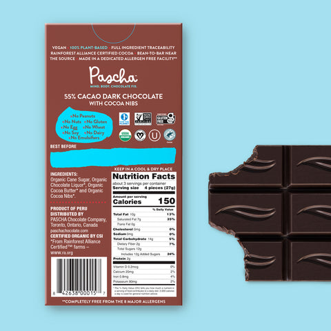 55% Cacao Organic Vegan Dark Chocolate Bar with Cocoa Nibs