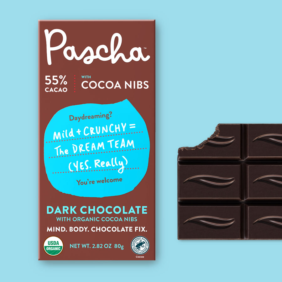 55% Cacao Organic Vegan Dark Chocolate Bar with Cocoa Nibs (2.8 oz)