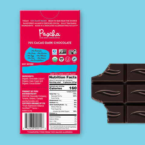 70% Cacao Organic Vegan Dark Chocolate Bar