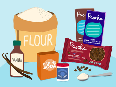 An illustration of a bag of flour, vanilla and vanilla beans, baking soda, baking powder, a spoon, a bag of Pascha's 100% chocolate chips and two chocolate bars