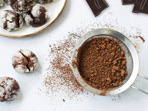 Pascha's Keto, Natural, Organic Cocoa Powder in a sieve