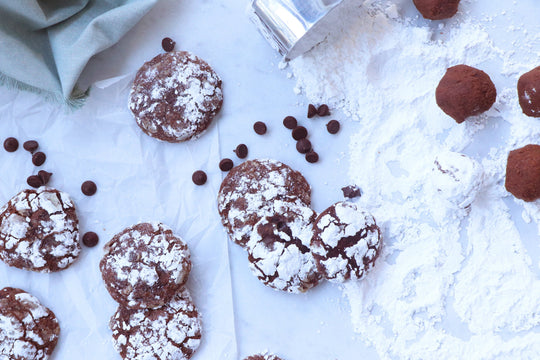 Vegan crinkle cookies against a white background.