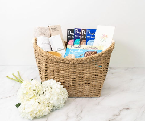 Mother's Day spa basket with Pascha Chocolate Baking Chips & Bars inside along with socks and other spa products