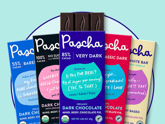 5 Pascha bars fanned out on a light teal background