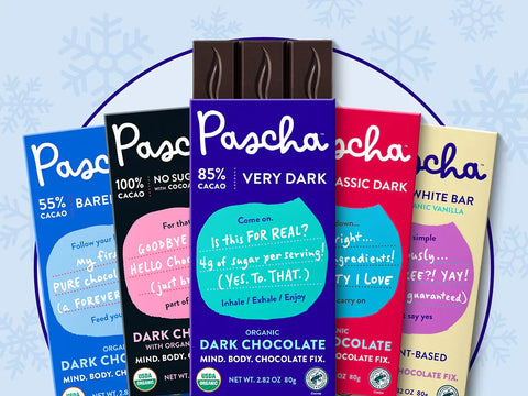 Pascha chocolate bar packaging on snowflake background