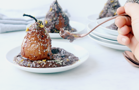 Vegan Ginger Roasted Pears with Chocolate Ganache