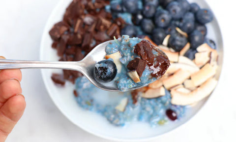Spoonful of blueberry oatmeal with chocolate and coconut flakes