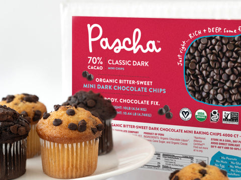 Pascha's 70% Classic Dark Bulk box in the background with a plate of vanilla and chocolate muffins in front of the box.