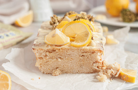 Vegan lemon cake with white chocolate frosting.