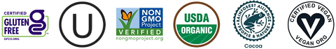 All of Pascha Chocolate's certifications in a line. Gluten Free, Kosher, Non GMO Verified, USDA Organic Certified, Rainforest Alliance Certified, Certified Vegan
