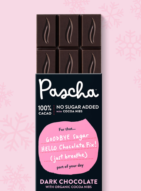 Pascha Chocolate 100% Cacao with No Sugar Added Dark Chocolate Bar with half of the bare chocolate bar coming out of the top