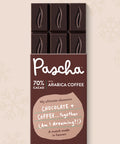 Pascha Chocolate 70% Cacao with Arabica Coffee Dark Chocolate Bar with half of the bare chocolate bar coming out of the top