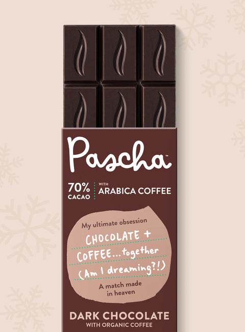 Pascha Chocolate 70% Cacao with Arabica Coffee Dark Chocolate Bar with half of the bare chocolate bar coming out of the top