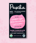 The front of pascha chocolate's 100% cacao no sugar added with cocoa nibs dark chocolate bar