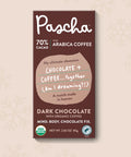 The front of the Pascha Chocolate's 70% cacao with arabica coffee dark chocolate bar