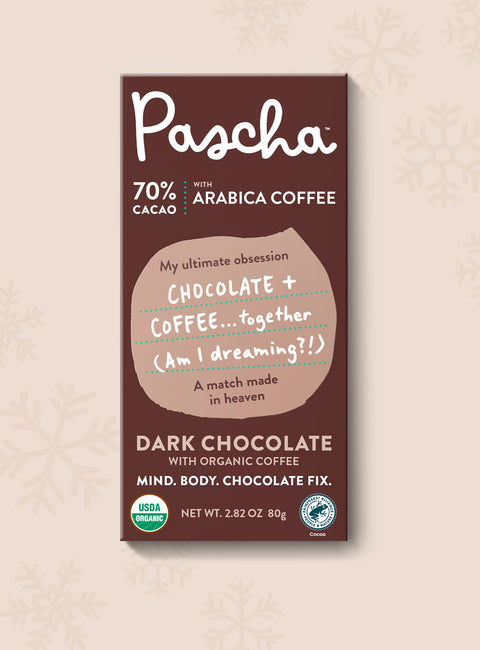 The front of the Pascha Chocolate's 70% cacao with arabica coffee dark chocolate bar
