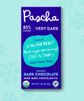 The front of Pascha Chocolate's 85% cacao very dark chocolate bar