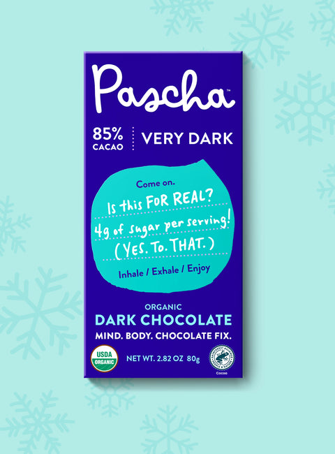 The front of Pascha Chocolate's 85% cacao very dark chocolate bar
