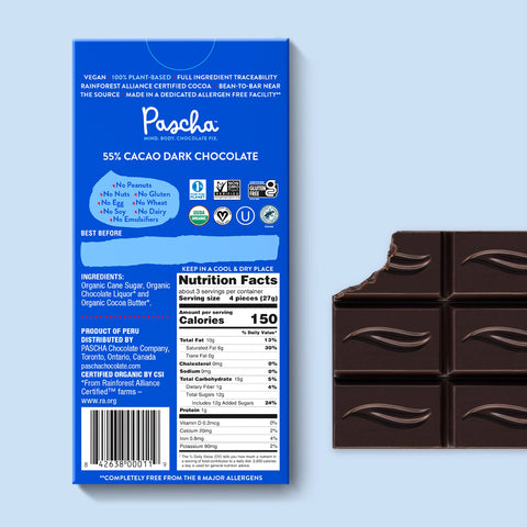 The back of Pascha chocolate's 55% cacao dark chocolate bar and bar of chocolate with bite taken out.