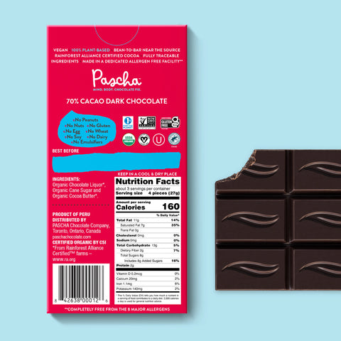 The back of Pascha chocolate's 70% cacao dark chocolate bar and bar of chocolate with bite taken out.