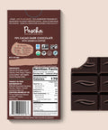 The back of Pascha chocolate's 70% cacao with arabica coffee dark chocolate bar and bar of chocolate with bite taken out.