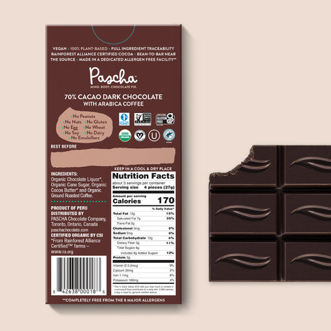 The back of Pascha chocolate's 70% cacao with arabica coffee dark chocolate bar and bar of chocolate with bite taken out.