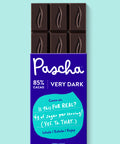 Pascha Chocolate 85% Cacao Very Dark Chocolate Bar with half of the bare chocolate bar coming out of the top
