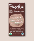 The front of Pascha Chocolate's 70% Cacao with Arabica Coffee Dark Chocolate Bar with half of the exposed bar sticking out of the top of the packaging