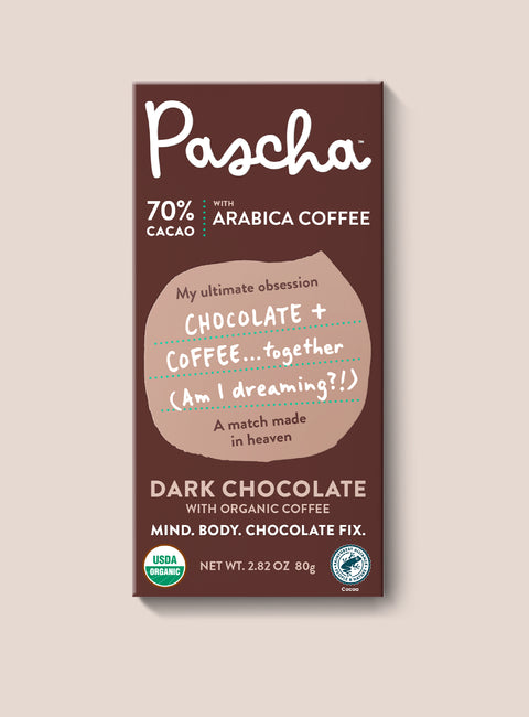 The front of Pascha Chocolate's 70% Cacao with Arabica Coffee Dark Chocolate Bar with half of the exposed bar sticking out of the top of the packaging