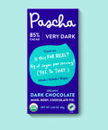 The front of Pascha Chocolate's 85% cacao very dark chocolate bar
