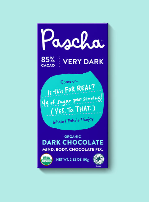 The front of Pascha Chocolate's 85% cacao very dark chocolate bar