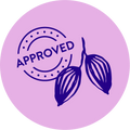 Illustration of cacao beans with a stamp of approval