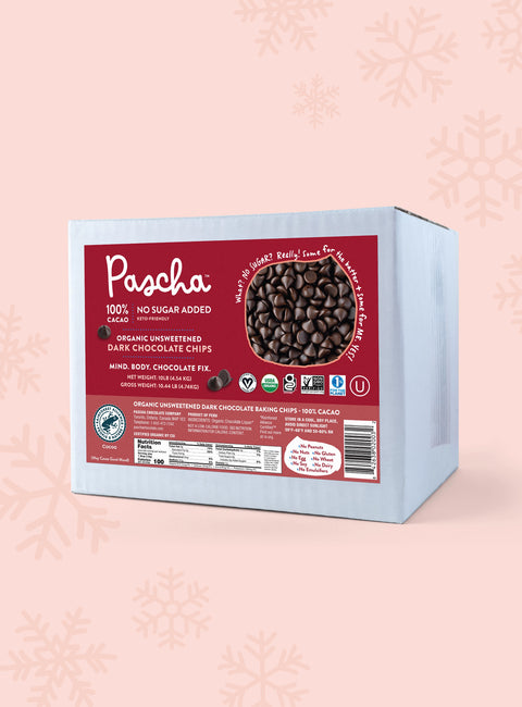 100% Dark Chocolate Chip Bulk Box on a light red background