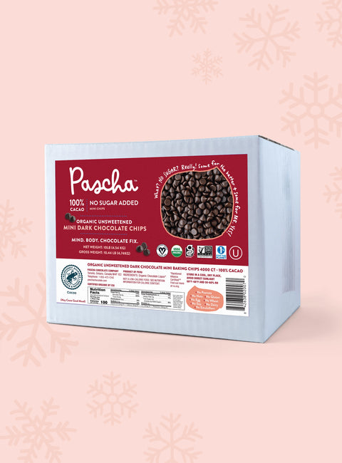 100% Dark Chocolate Chip Bulk Box on  light red background