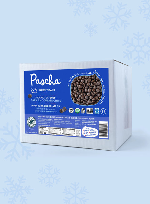 55% Dark Chocolate Chip Bulk Box on a light blue background