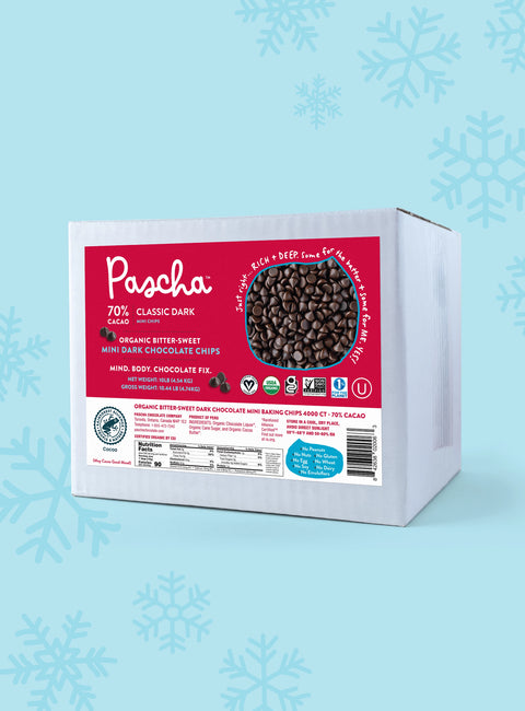 70% Classic Dark Chocolate Chip Bulk Box on blue background