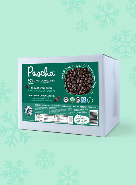 70% Chocolate Chip Bulk Box on a teal background 