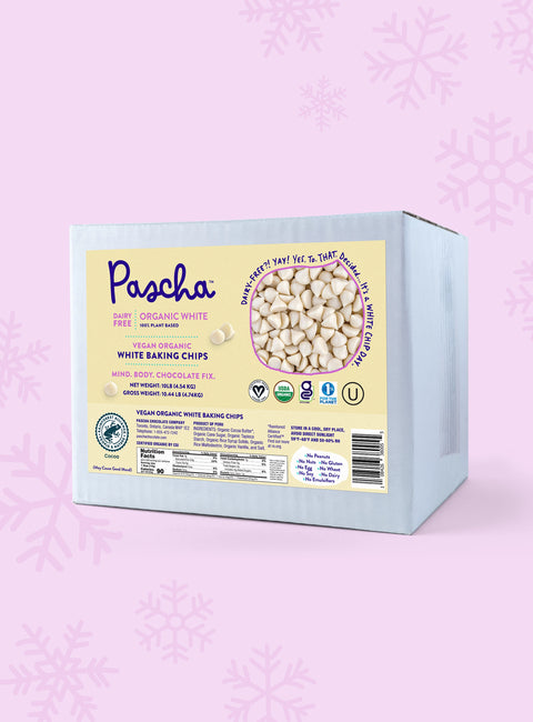 White Vegan Organic Baking Chips Bulk Box on a pink background 