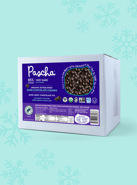 Bulk 85% Pacha Very Dark Chocolate Chip box on a teal background